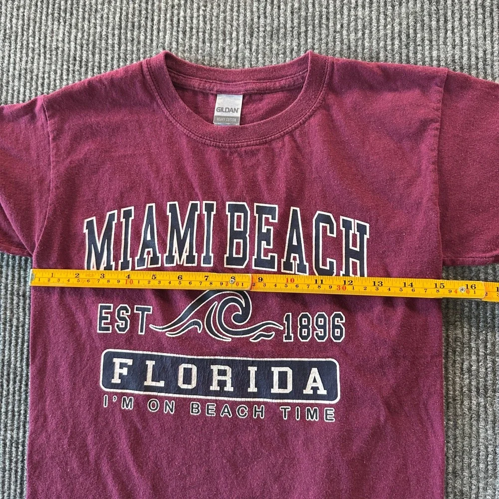 Gildan Miami Beach Florida Wave Graphic T Shirt Youth Small Maroon Souvenir Tee